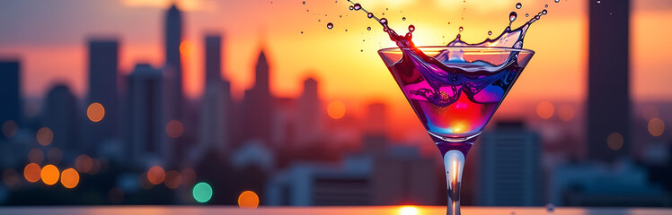 vibrant splash iridescent liquid erupts crystal martini glass blurred cityscape backdrop sunset warm golden light