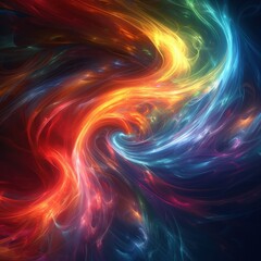 An abstract image of ethereal, swirling ribbons of light that resemble smoke or energy. Vibrant hues of orange, red, pink, and teal flow and blend together in a graceful, dynamic dance against a dark 
