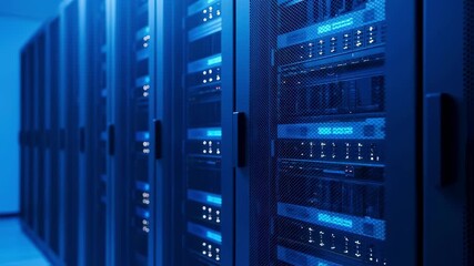Blue tinted lighting revealing long networking server racks storing massive digital information within sleek, darkened data center infrastructure processing complex computational data - Powered by Adobe