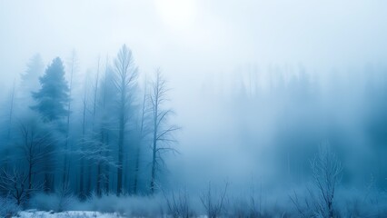 Obraz premium Misty blue winter forest in watercolor style, evoking tranquility and soft natural beauty.