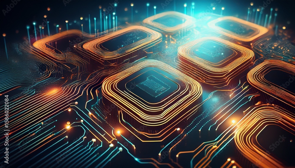 Poster of modern automated investing strategies where an abstract circuit board design represents the flow 