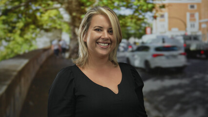 Woman smiling with bare shoulder in front of a city street with trees and parked cars, wearing a...