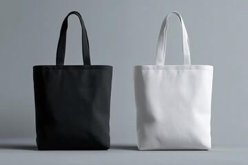 Two blank canvas tote bags, black and white, on a gray background