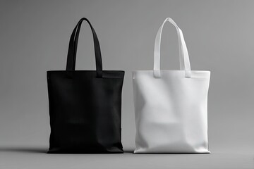 Two plain tote bags, black and white, on a gray background