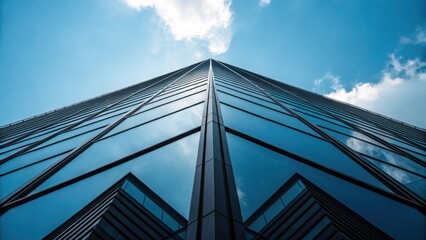 Obraz premium Modern glass skyscraper reaching towards a bright blue sky