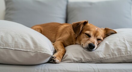 Obraz premium Little brown dog sleeping peacefully on bed with gray pillows. Pet napping comfortably. Domestic animal rest concept for home.
