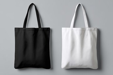 Two blank tote bags, black and white, on a gray background