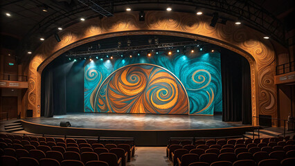 A majestic theater awaits the grand performance filled with anticipation under a proscenium arch and teal and gold