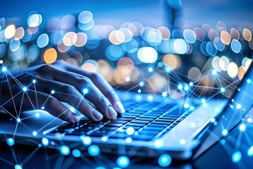 A hand is typing on a laptop with a network overlay on a city background