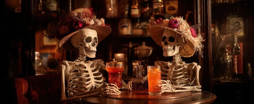 The Charming Skeleton Couple Enjoying Drinks in a Cozy Vintage Bar