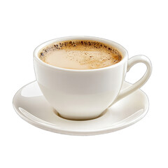 Obraz premium A full cup of coffee sits on a matching saucer, exhibiting a light brown crema and subtle foam atop a creamy brew