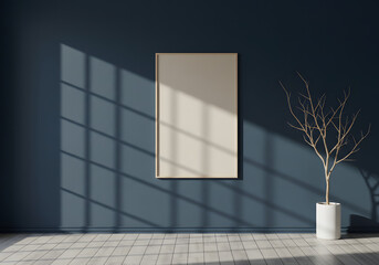 Empty beige poster or canvas hanging on a navy blue wall with soft grid shadows from a window. Elegant interior design with decorative tree branch, serene and creative atmosphere