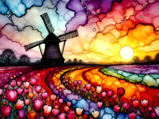 A vibrant, abstract landscape featuring the silhouette of a windmill against a vivid sunset sky. The foreground showcases colorful tulip fields.