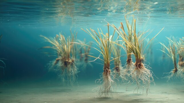 Underwater aquatic plants with visible roots