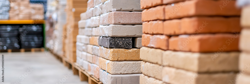 Poster stacked bricks on pallets: a diverse collection of bricks in varying hues and textures are neatly ar
