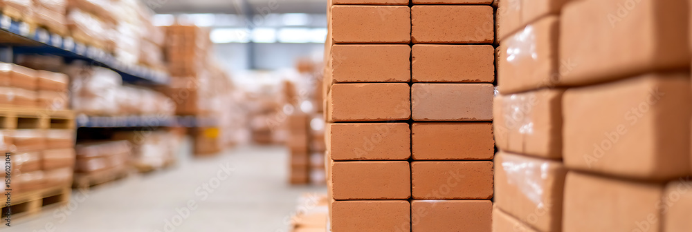 Poster stacks of bricks in a warehouse - a detailed view of neatly organized bricks in a storage facility, 