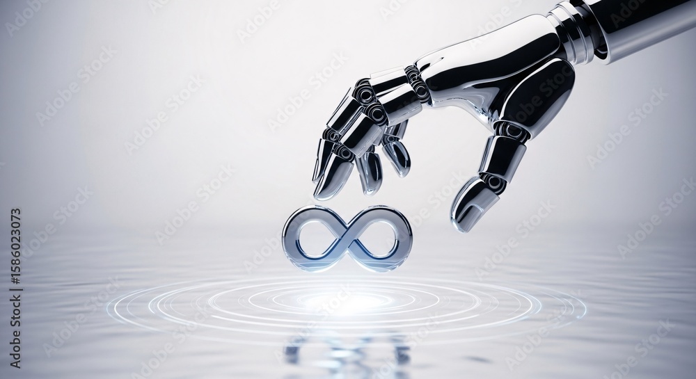 Poster robotic arm interacts with an illuminated infinity symbol on a futuristic surface, representing tech