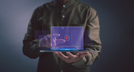 Video streaming, online TV, live viewing, content concept, man watching movie, displayed on virtual screen on social media application via internet technology