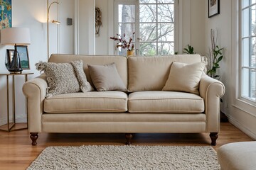 A detailed, realistic photograph of a classic, comfortable beige fabric sofa with rolled arms and plump cushions, placed squarely against a smooth, untextured white wall