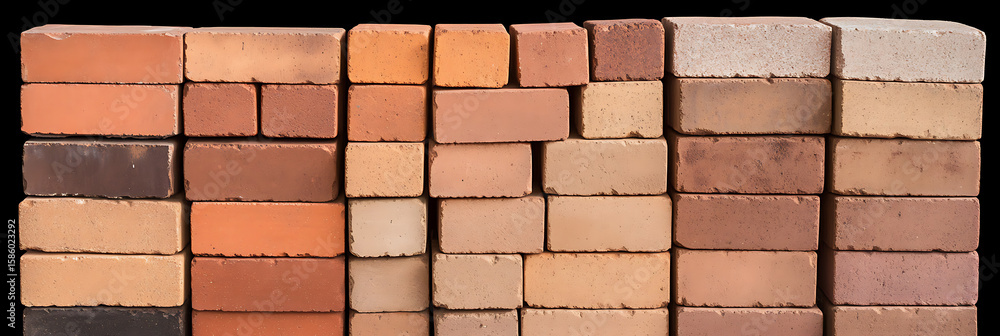 Poster a stack of clay bricks in varying shades of reds and beige, arranged in rows. the brick texture and 