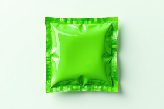 A high-resolution 3D render of an open condom box revealing individually wrapped foil condoms stacked inside. The scene is isolated on a white background, with the box partially opened to display bran
