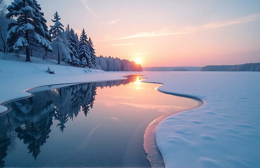 soft pastel hues sunset cast gentle ripples across serene surface frozen winter lake reflected water