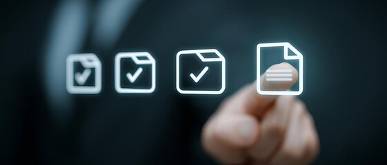 Business compliance of document management Document or file icons and checkmark Businessman stored documents on server according to law business