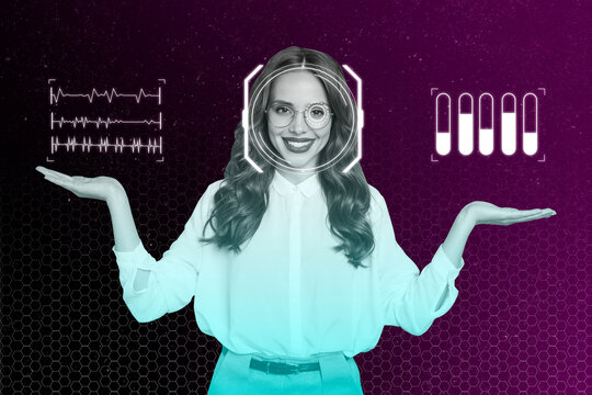 Art sketch image vertical collage of happy girl artificial intelligence robotic app software show chart cyberspace programming