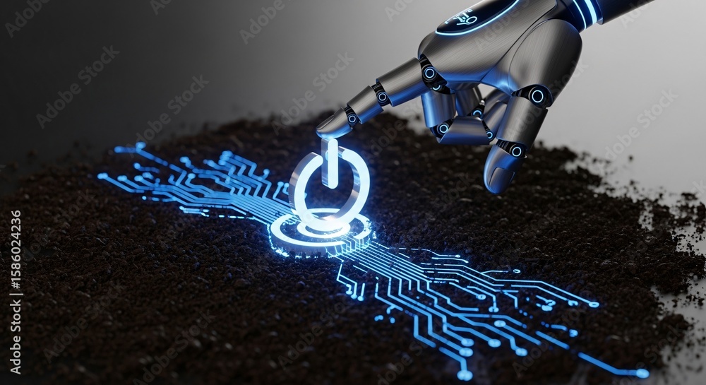 Poster robot hand interacts with glowing circuit board on soil representing sustainable technology and inno