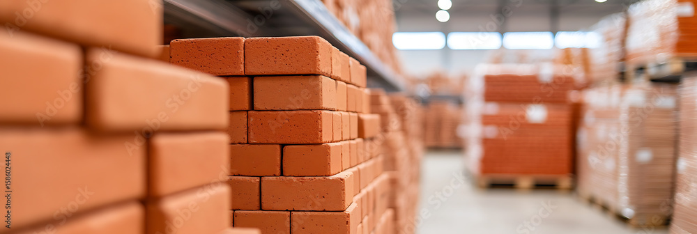 Poster neatly stacked bricks are seen in a large warehouse. the bricks are arranged in rows and columns, re