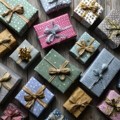 Fototapeta premium Pile of colorful wrapped gifts and ribbon, overhead view on a wooden floor, festive pattern of wrapping paper