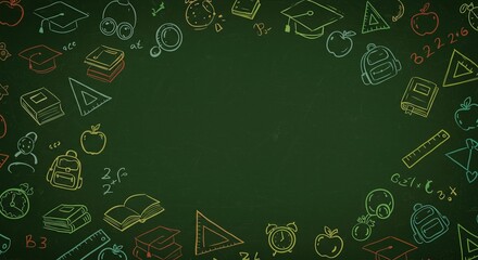 Back to school chalkboard design showcases learning, graduation caps, books, and math symbols in a colorful illustration.