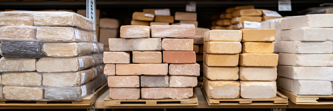 Shelves stacked with various colored bricks, offering a diverse range of materials for building and construction projects, enhancing aesthetic appeal.