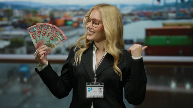 Woman holding new zealand dollars smiling at port with ships in background symbolizing success and business travel.