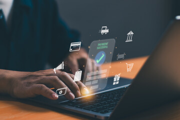 Online marketing concept, ecommerce technology, payment, fintech, digital finance, Man using computer to pay for online shopping on application or web page of online marketing service