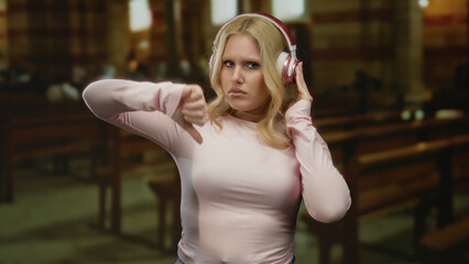 Young blonde woman wearing headphones stands in a catholic church with wooden pews, focused...