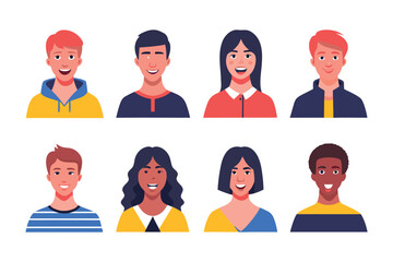 Diverse Portraits: A collection of diverse faces, each a unique avatar illustration of smiling individuals showcasing various ethnicities and hairstyles.