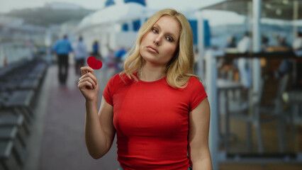 Young blonde woman on cruise ship deck holding heart, contemplating with a serene expression,...