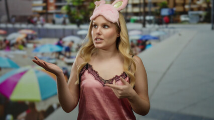 Woman in nightwear with bunny ears talking near a colorful beach backdrop, highlighting casual and...