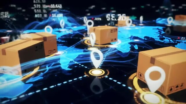 Global package tracking map; delivery routes, data flow, logistics