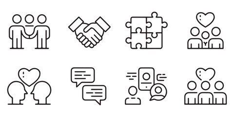 Set of eight black outline icons depicting teamwork communication and relationships icon set handshake