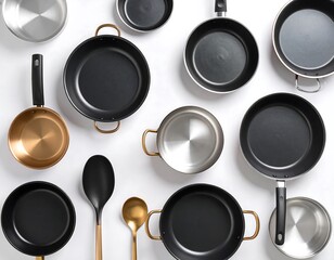 Various kitchen pans and spoons arranged on a white background