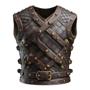 Ornate medieval leather cuirass with metal studs and buckles isolated on transparent background