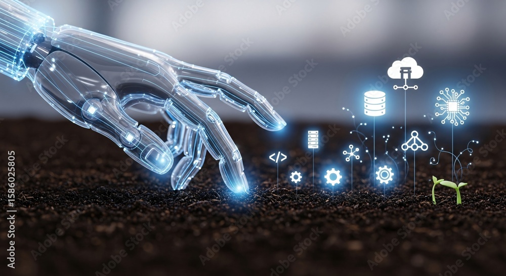 Poster robotic hand touching soil with sprouting data icons and a green plant, symbolizing growth of artifi