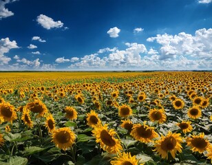Obraz premium vibrant sunflower field stretches to the horizon under a bright blue sky with scattered clouds