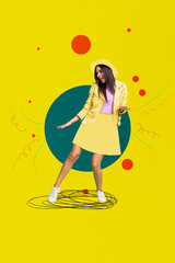 3D collage trend artwork composite sketch poster of young lady wear style outfit dress jacket hat...