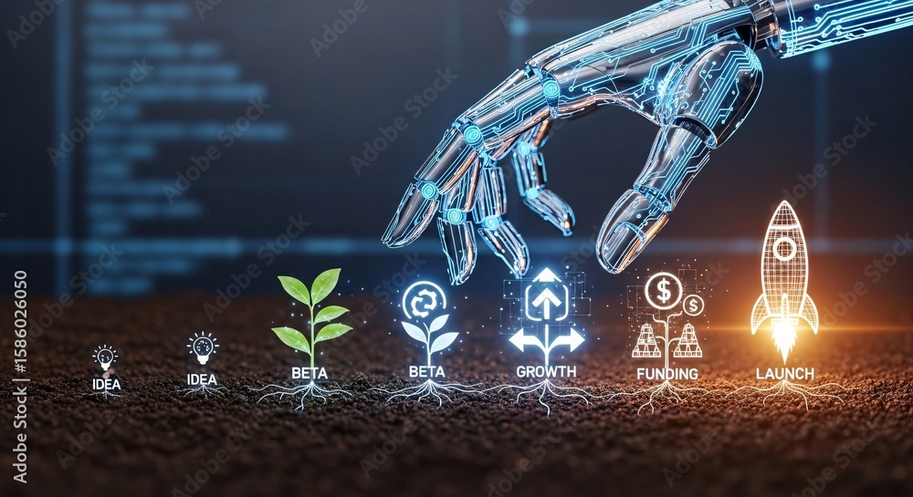 Poster robotic hand interacts with glowing business startup stages from idea to launch.