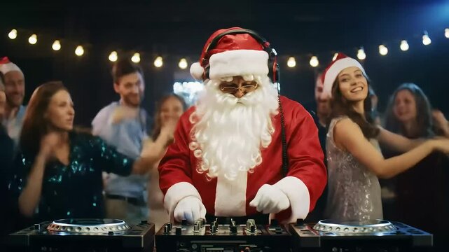 Santa DJs at Christmas party; festive crowd dances