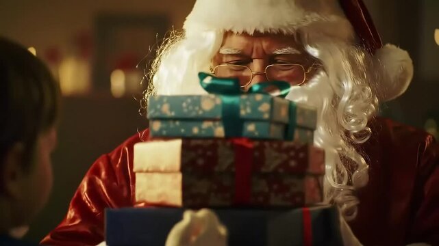 Santa gives gifts indoors; child watches, festive background