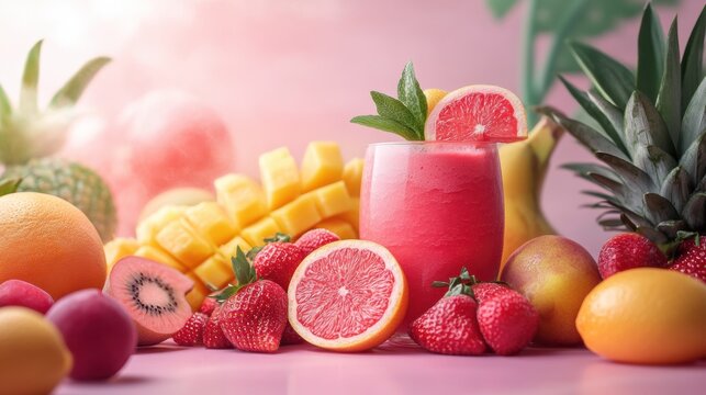 Fresh fruit smoothie poster mockup with assorted fruits on pastel background - Powered by Adobe